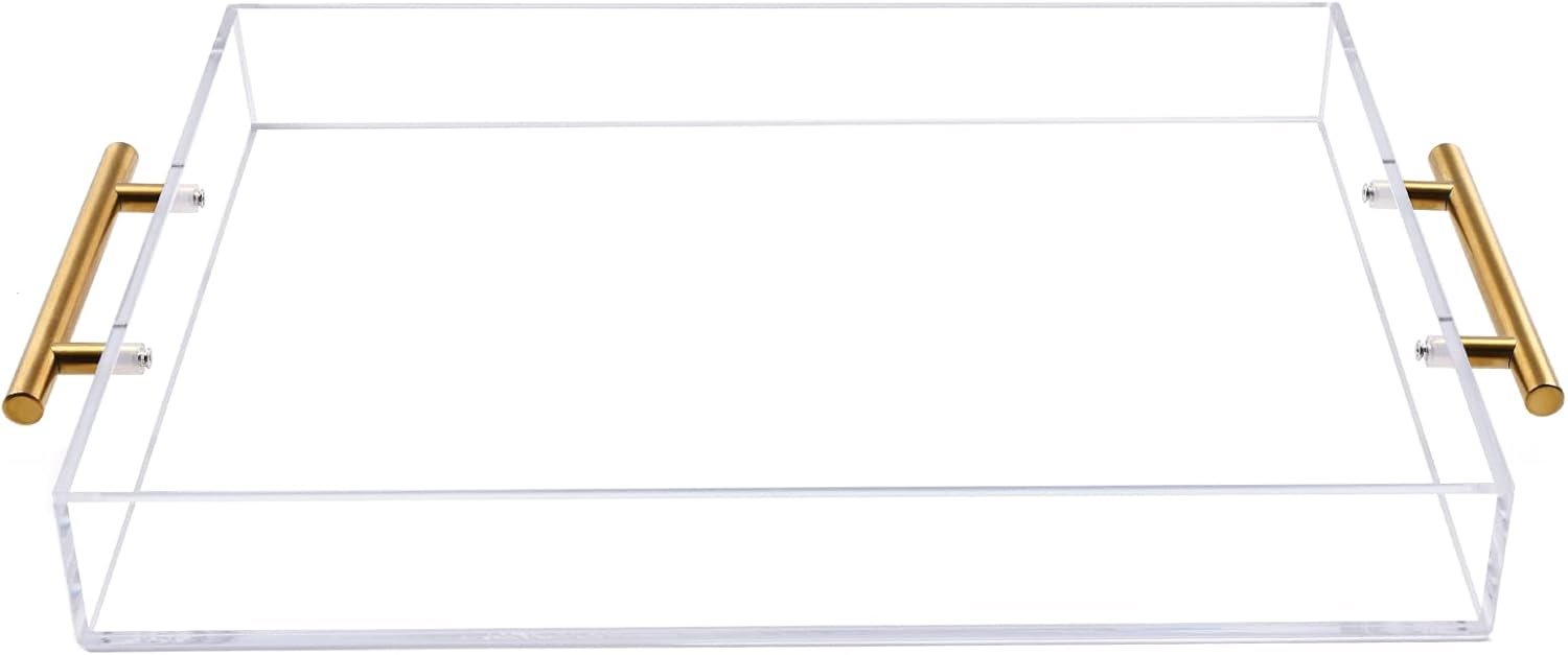 12″x16″ Clear Acrylic Serving Tray with Golden Handles, Sturdy Huge Capacity Acrylic Tray for Coffee, Juice, Kitchen and Desk Organizer, Storage Tray (12″x16″)