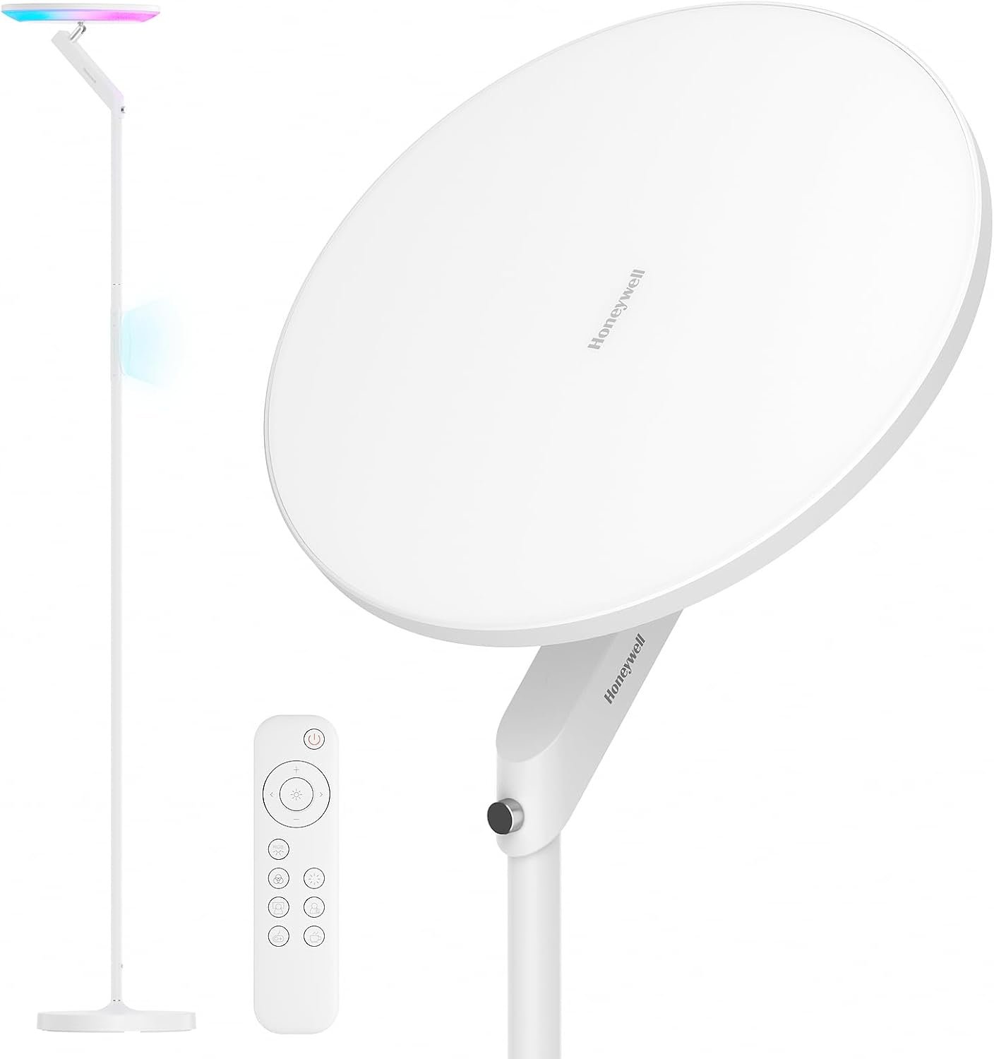 Honeywell 3000LM LED Floor Lamp, Torchiere Floor Lamps with Remote Control, F2 Sunturalux™ 40W Eye-Caring Reading Light, 2700-5000K 6 RGB Modes RGB Standing Lamp for Bedroom Living Room Office White