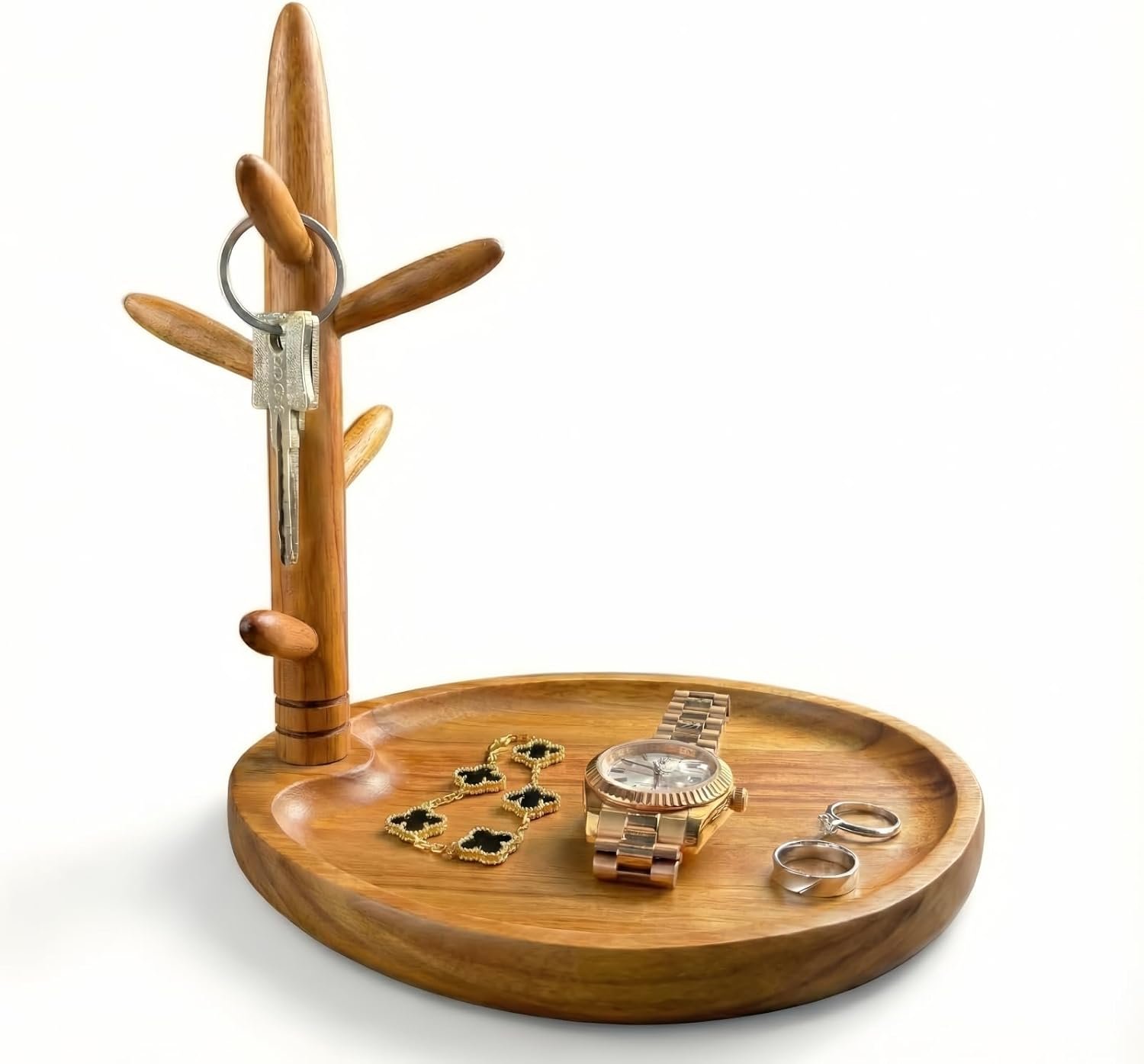 LEASUR Solid Acacia Key Tray, Key Bowl for Entryway Table, Natural No Coating & Odor-Free Catchall Tray with Key Holder Stand with 5 Hooks, Wooden Dish for Wallet, Watch, Jewelry Organizer