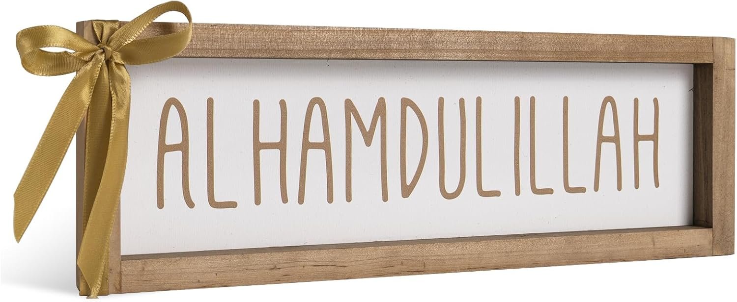 flangairy Alhamdulillah Sign, Wooden Ramadan Eid Mubarak Table Decor, Islamic Decorative Signage Wood Plaque Indoor Tabletop Centerpiece Wall Shelf Desk Mantel Rustic Decorations for Home, Muslim Gift