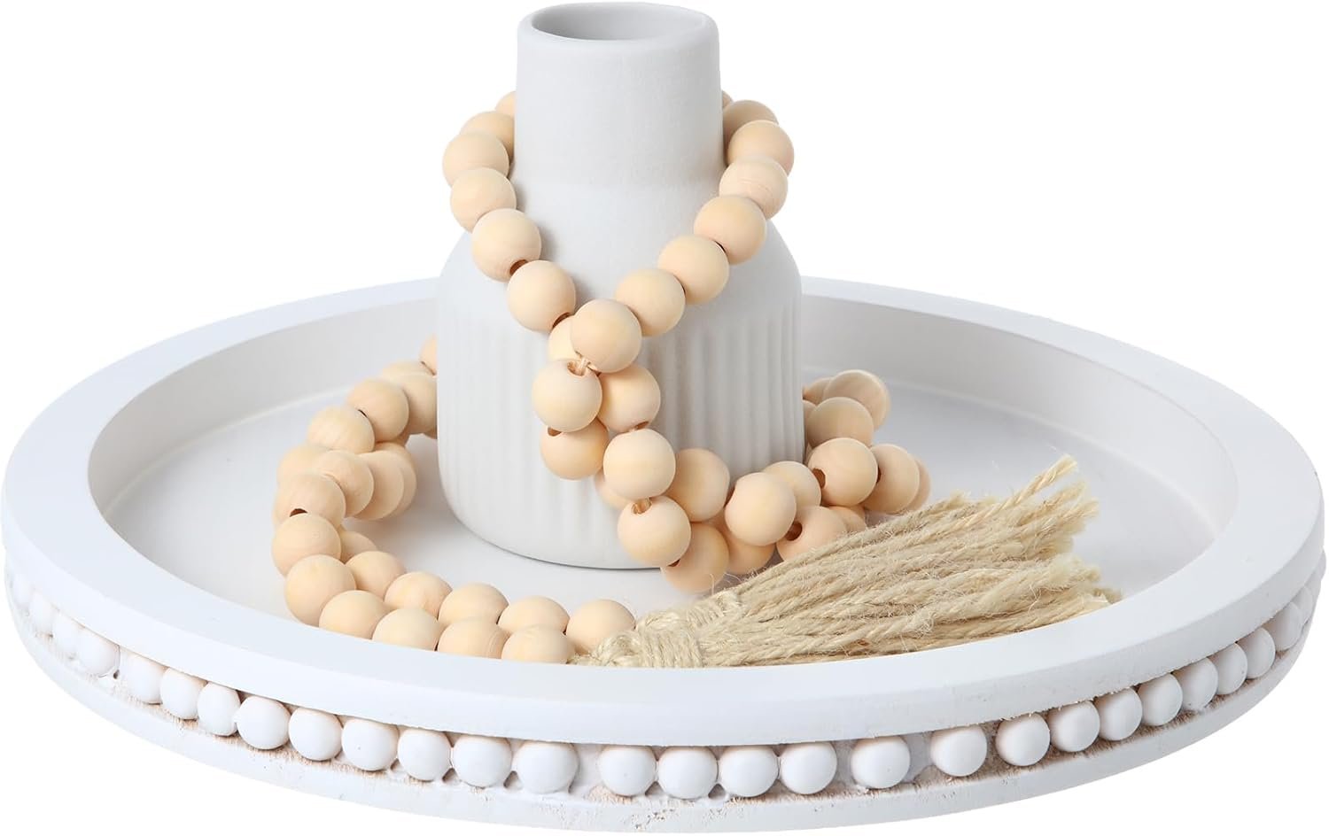 Tiangrid 3 Pieces Rustic Country Style Tabletop Centerpieces, Bohemian Style Ceramic Vase with Wooden Tray, Wooden Bead Garland, Tassel Table Stand for Home Decoration