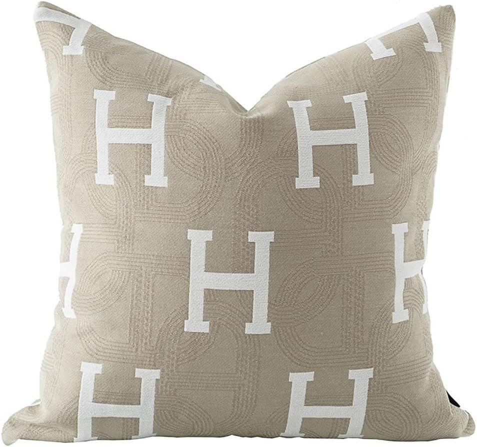 Croker Horse 20×20” Inches Throw Pillow Cushion Cover – Beige H Letter Embroidery Modern Fashion Style Couch Sofa Pillow Cover for Living Room Bedroom