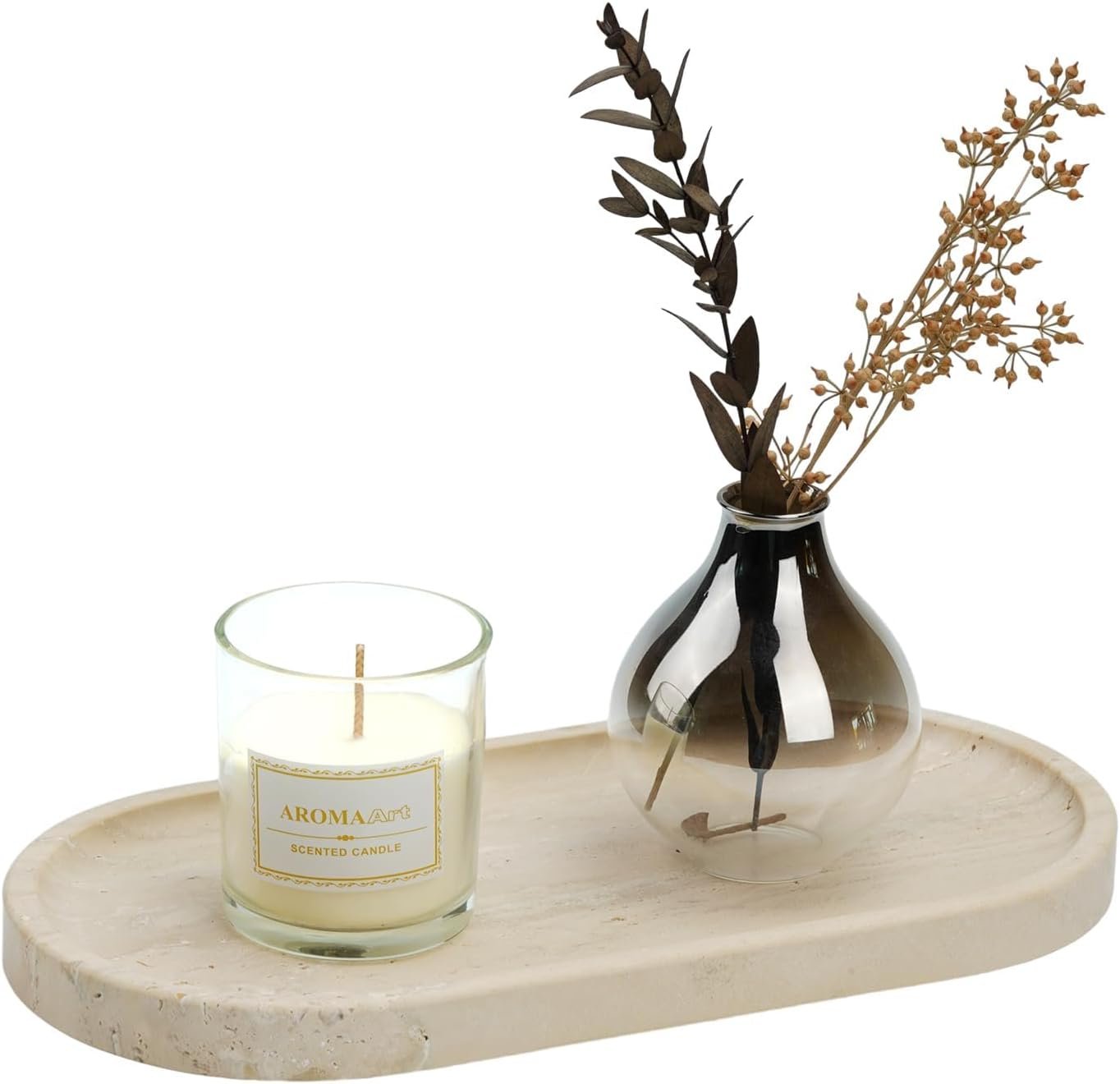 Koville Italian Travertine Tray, 12″x6″ Vanity Decorative Marble Tray for Countertop, Catchall for Perfume, Candles, Jewelry Dish