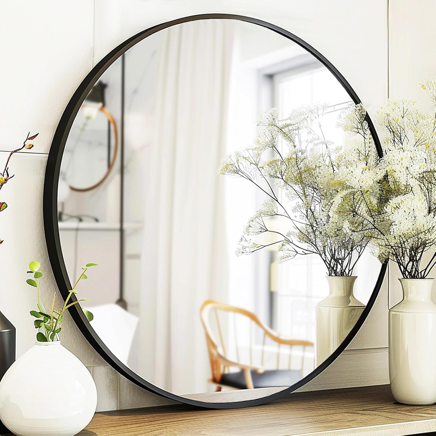 Sunniry Black Round Mirror, Round Mirror 24 inch, Black Circle Mirrors Metal Frame, Wall Mounted Mirrors for Living Room, Bathroom, Wall, Entryway, Rustic.