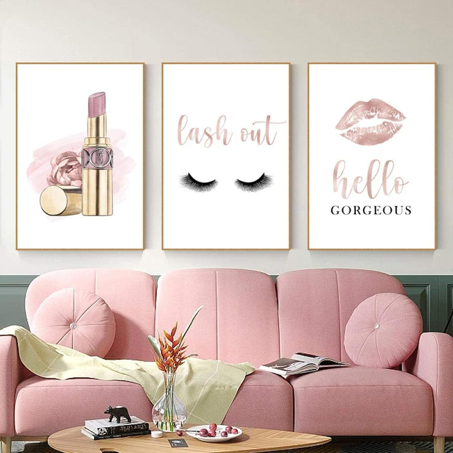 Makeup Wall Art Canvas Fashion Art Eyelash Pictures Wall Decor Lipstick Lips Lash Painting Decor Beauty Salon Wall Art Rose Gold Fashion Poster for Woman 16×24 Inch Unframed