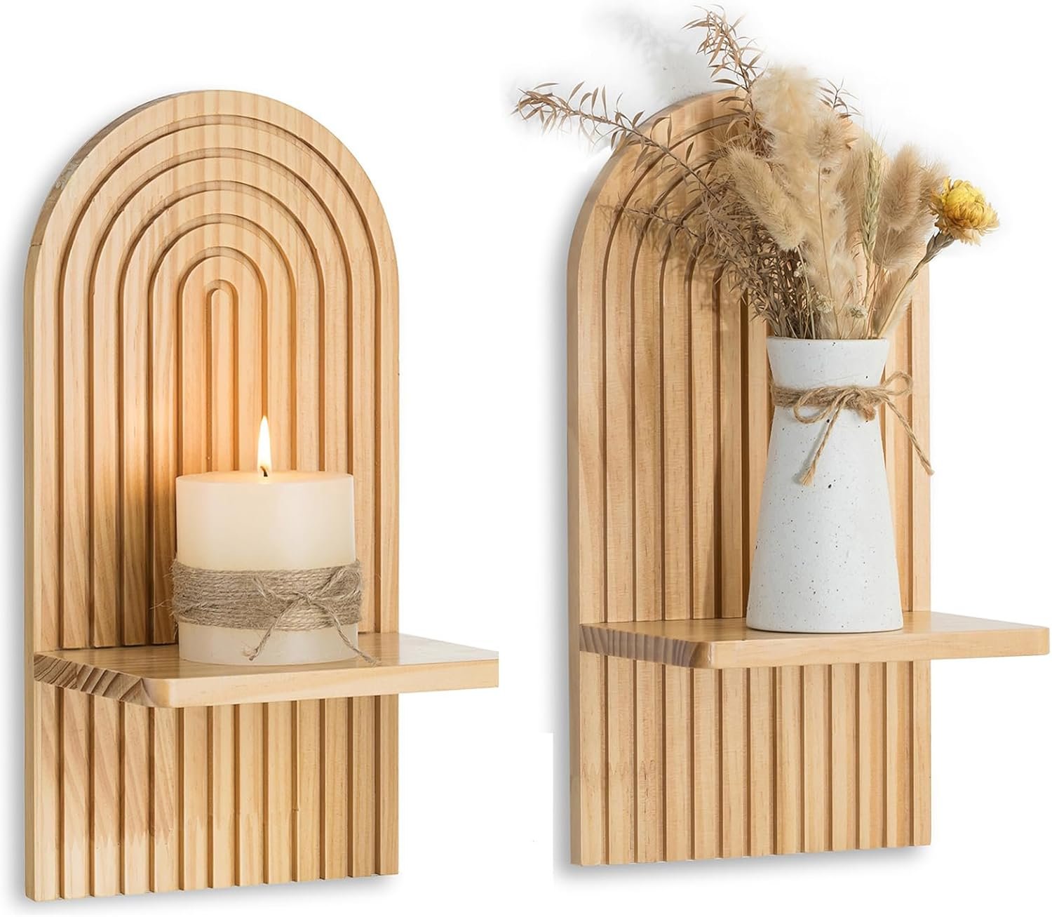 Walasis Boho Wall Decor Set of Two – Natural Modern Minimalist Mid Century Wall Candle Holder for Living Room – Wood Bohemian Decor for Bathroom Nursery Bedroom
