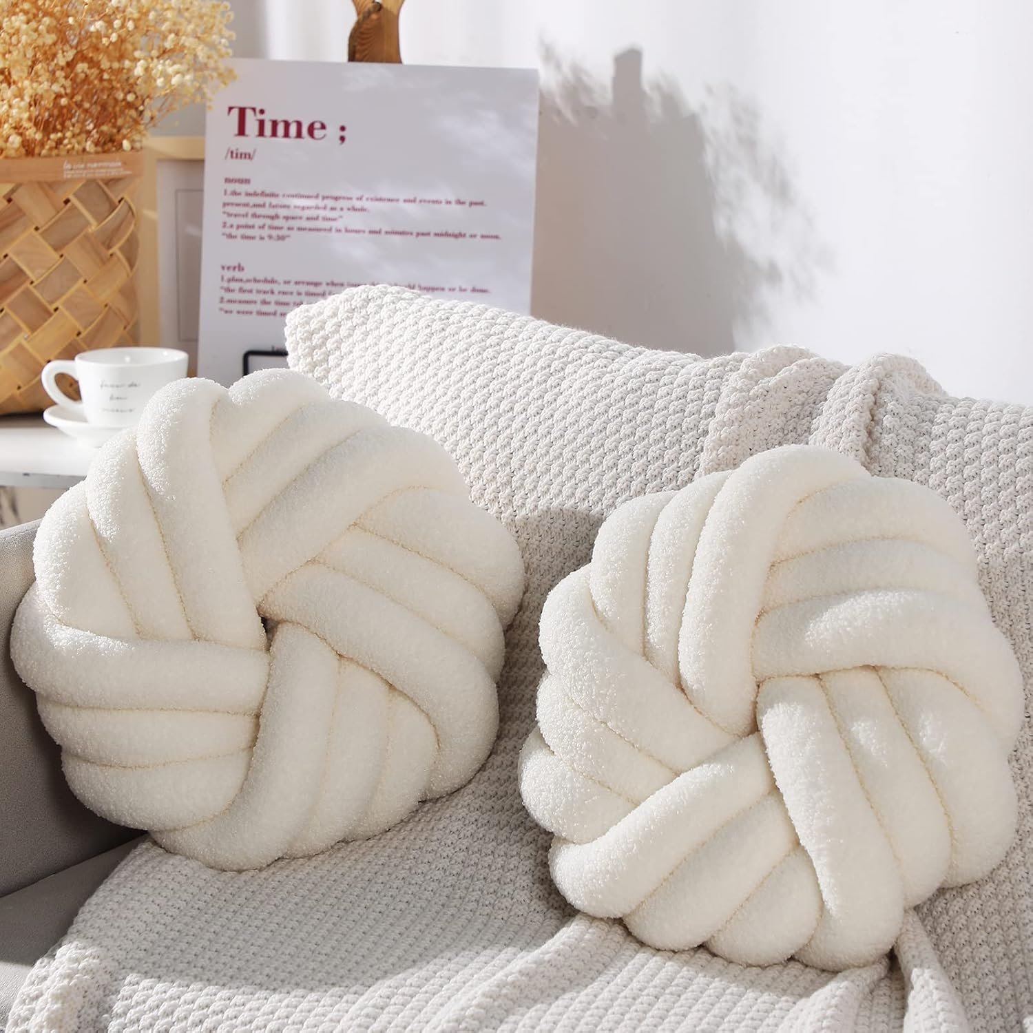 Marsui 2 Pieces Knot Ball Pillows 14 x 14 Inch Decorative Pillow for Couch Bedroom Plush Throw Knot Pillow Soft Handmade Chair Cushion for Living Room Car Decorations(Beige)
