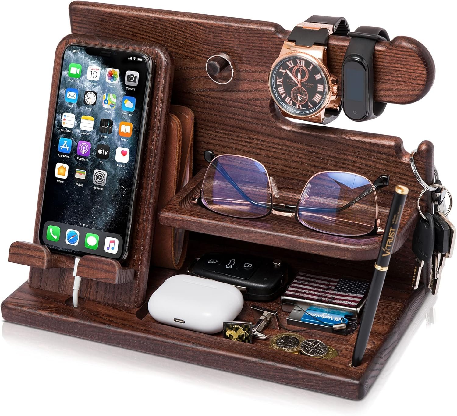 TESLYAR Wood Phone Docking Station for Men – Desk or Nightstand Organizer – Birthday Gifts for Husband, Dad – Anniversary Idea from Wife – Key Holder, Stand Wallet, Watch & Essentials (Bourbon Brown)