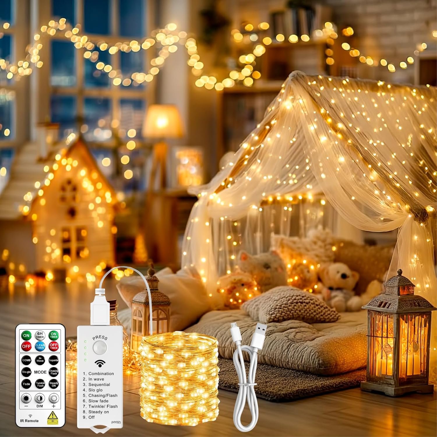 HXWEIYE Rechargeable Fairy Lights with Remote & DIY Timer, 33ft 100LED Battery Operated Twinkle String Lights, 8 Modes Decor Light for Bedroom Indoor Wedding Dorm Christmas Tree Party (Warm White)