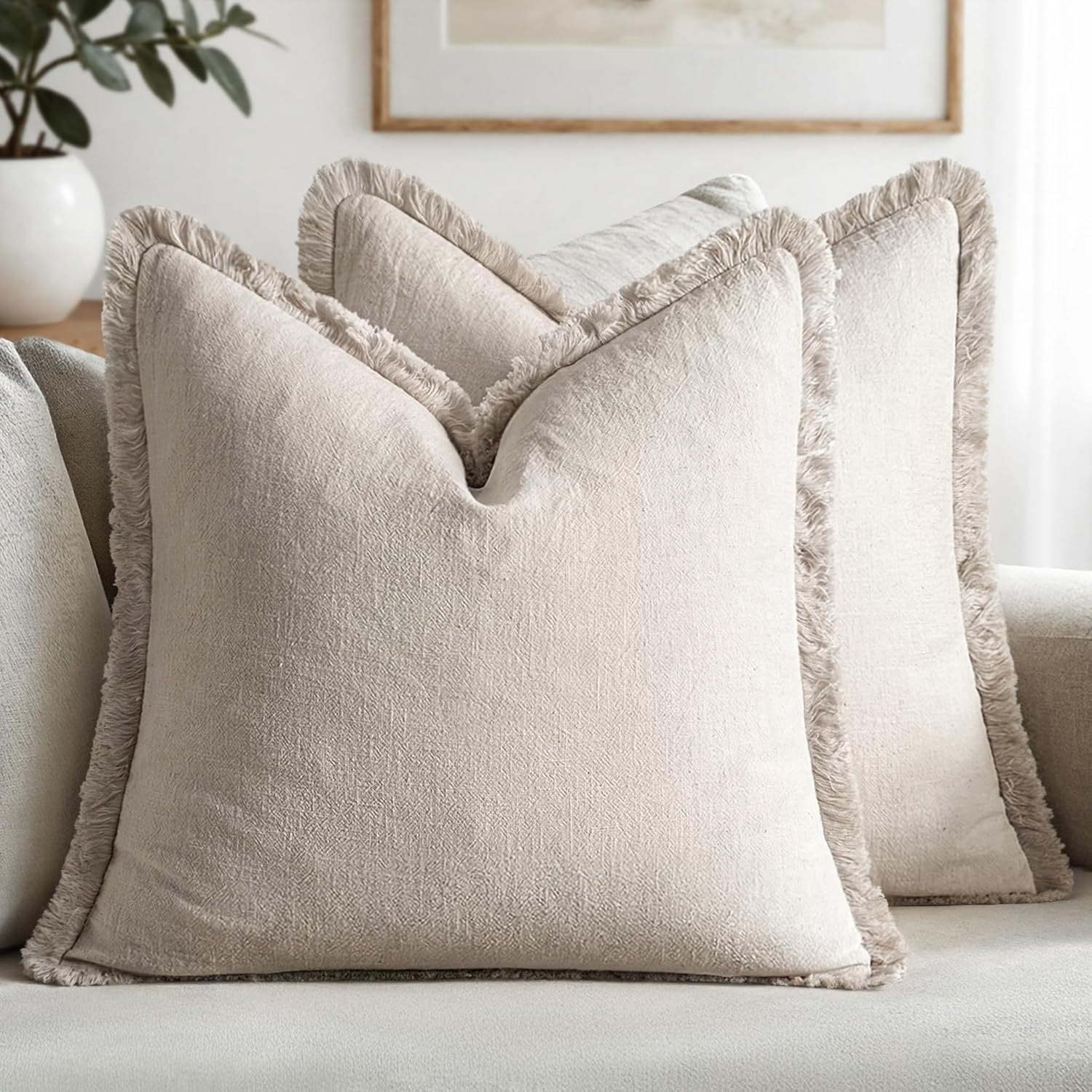 MIULEE Decorative Throw Pillow Covers Neutral Linen Fringe Throw Pillows Set of 2 Natural Beige Boho Farmhouse Cushion Covers with Tassels for Couch Sofa Bed Spring Home Decor 20×20 Inch