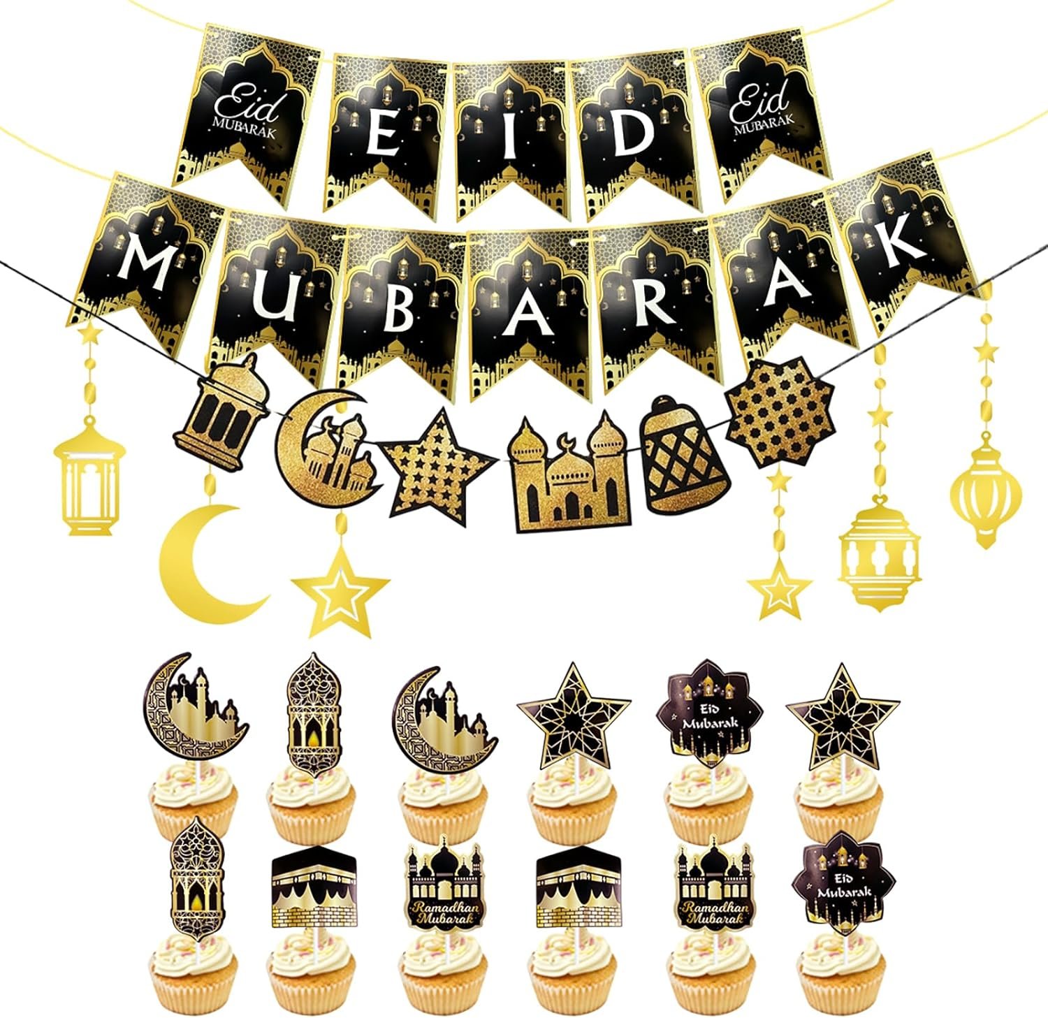 LAOREI Eid Mubarak Decorations Kit – Golden Ramadan Banners, Star Garland, Cupcake Toppers – Islamic Party Supplies for Home & Weddings
