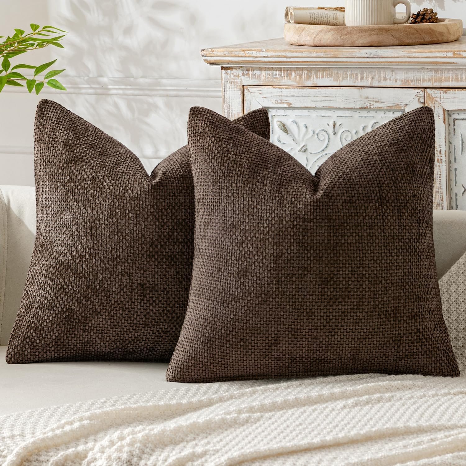 MIULEE Pack of 2 Couch Throw Pillow Covers 18×18 Inch Neutral Dark Brown Boho Accent Decorative Pillow Covers Soft Chenille Farmhouse Cushion Covers for Home Decor Bed Sofa Living Room