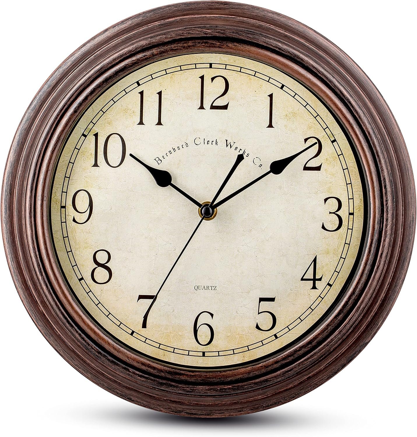 Bernhard Products Vintage Wall Clock Silent Non Ticking – 12 Inch Quality Quartz Battery Operated Decorative Brown Clock for Home Kitchen Living/Dining Room Office Decor, Easy to Read, Rustic Bronze